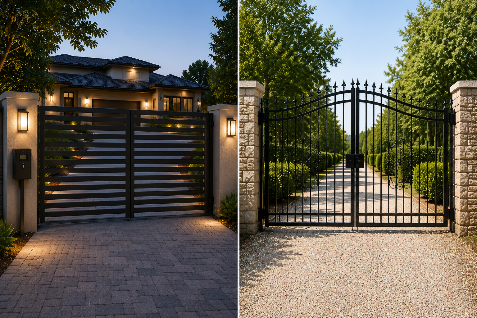 Automatic wrought iron driveway gate on residential property