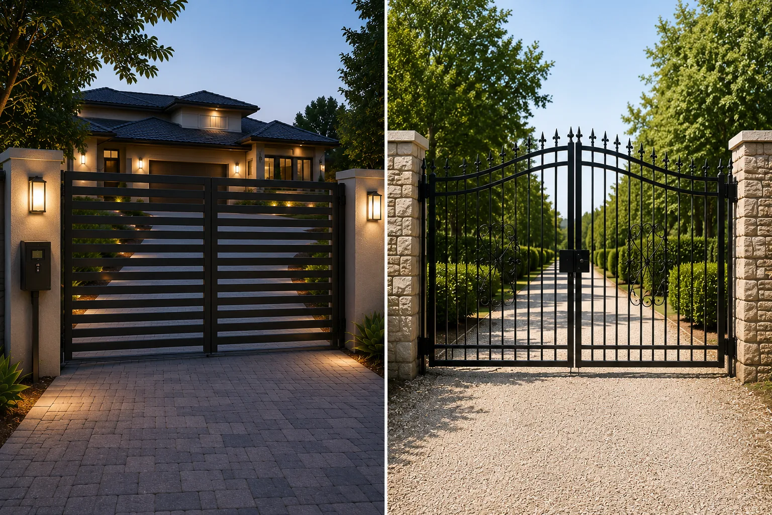 Automatic wrought iron driveway gate on residential property