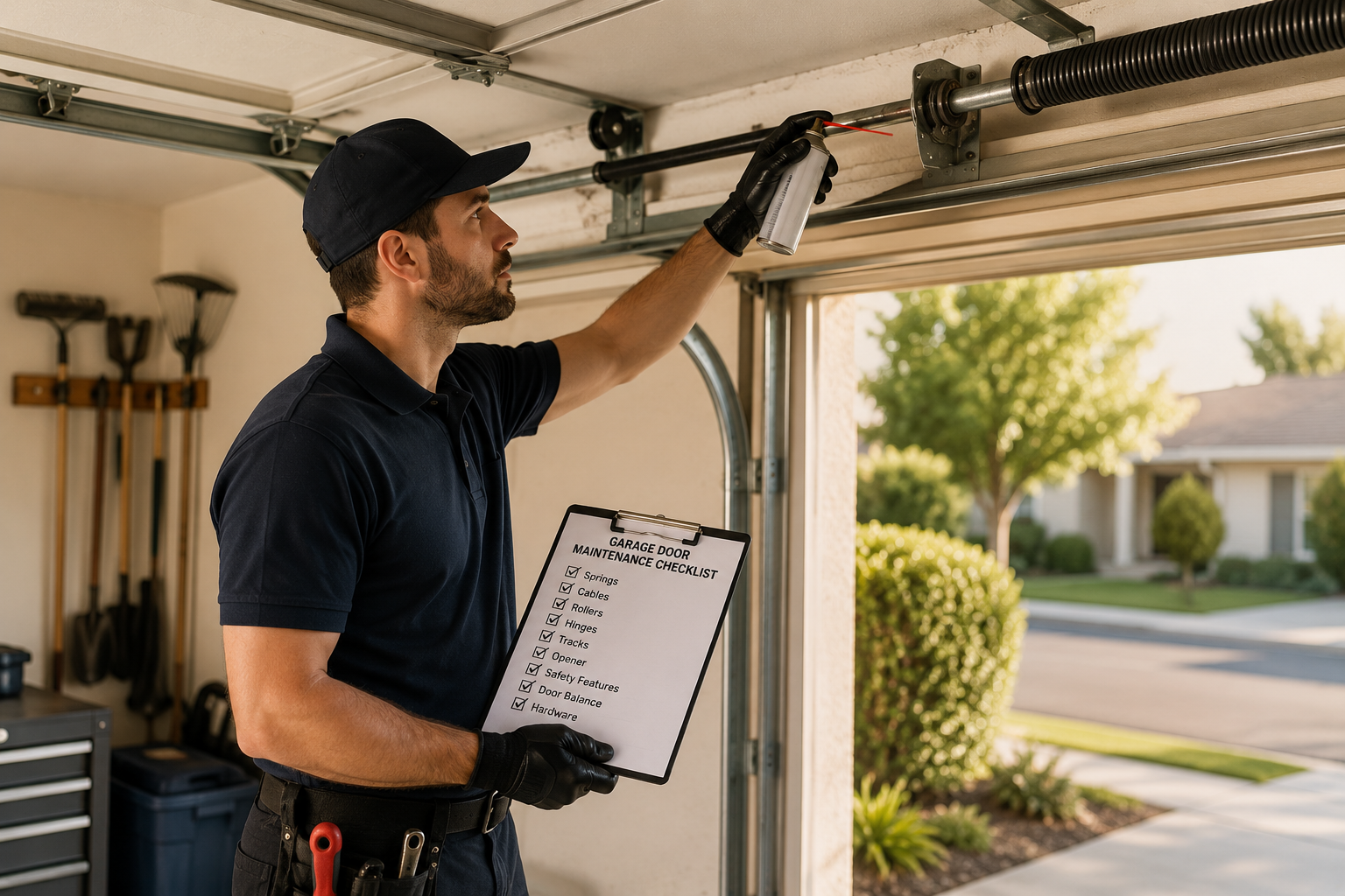 Technician lubricating garage door spring during maintenance