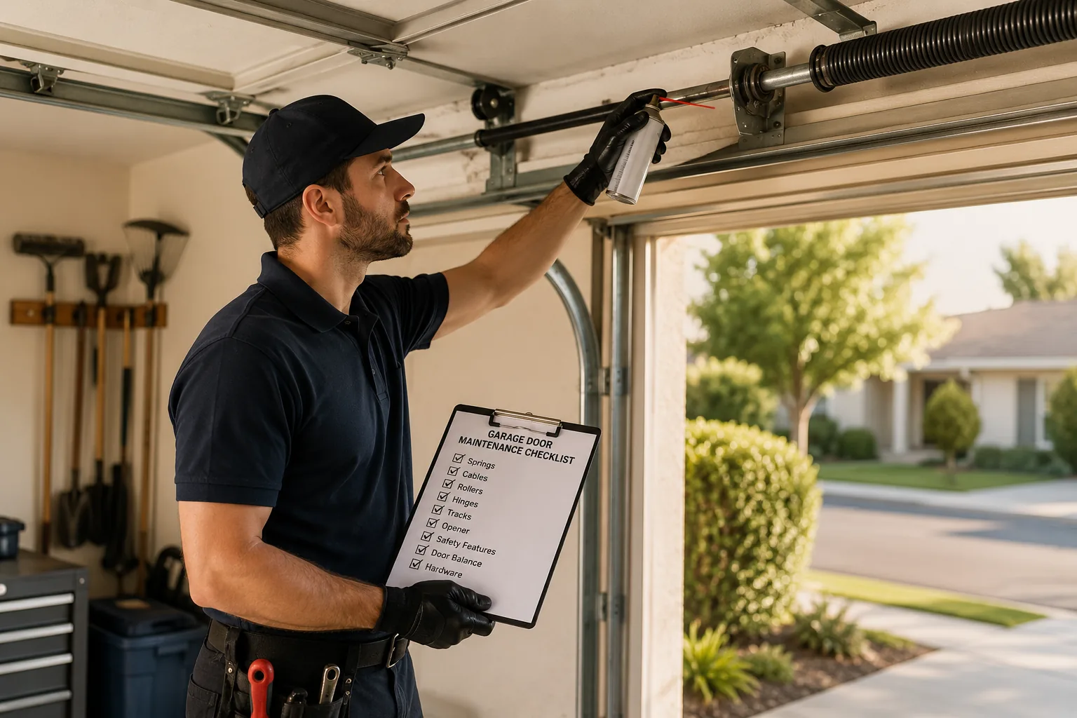Technician lubricating garage door spring during maintenance