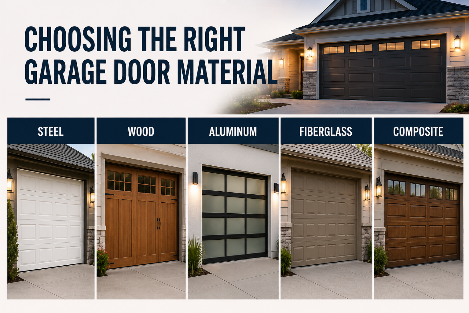 Row of different garage door styles on residential homes