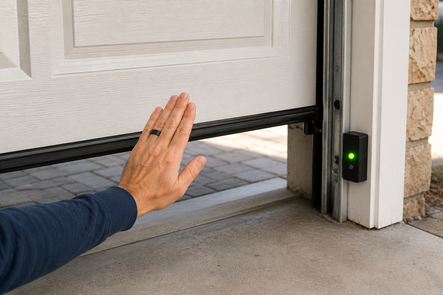 Garage door safety sensor at bottom of track